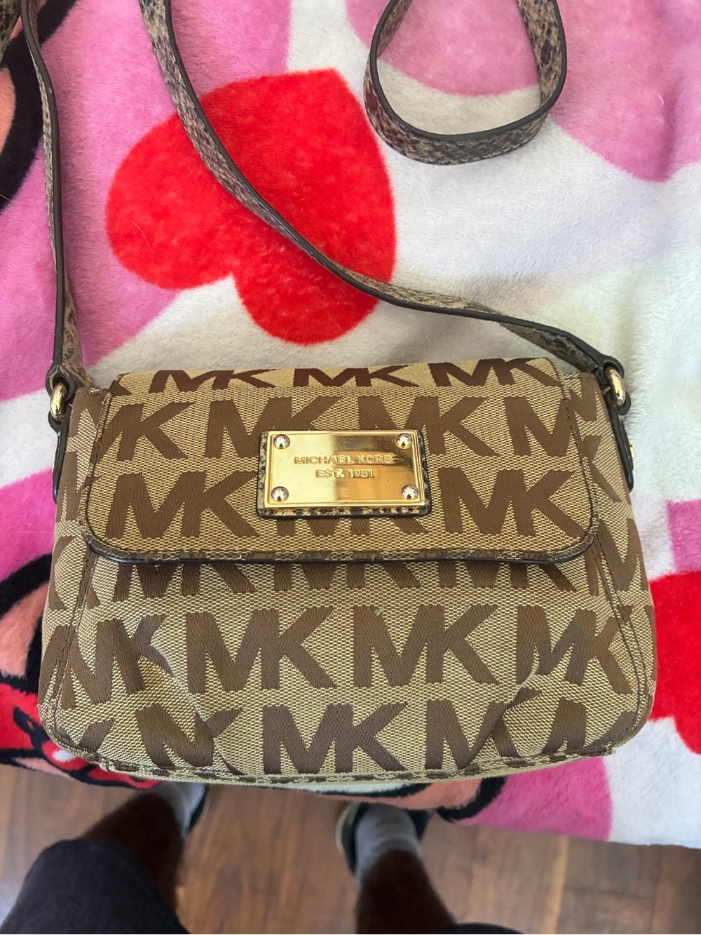 Michael Kors Brown MK Logo Crossbody with Gold Plaque snakeskin strap